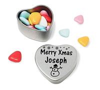Gift In Can Merry Xmas Joseph Heart Shaped Mini Tin Gift filled with mini coloured chocolates perfect christmas card alternative for Joseph Fun Festive Snowman Design
