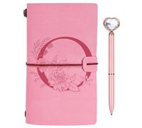 Gift Initial Leather Journal, Pink Travel Diary A5, Refillable Leather Notebook with Diamond Pen Heart, Birthday Gift Ideas, Thanksgiving, Christmas Gifts for Women Girls Friend Writers O