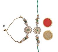 GIFT JAIPUR Bhaiya Bhabhi Pair Rakhi set of 2 Peacock feather train Lumba Couple Rakhi with roli chawal & Raksha bandhan greeting card for bhai brother sister in law, Medium, Metal, Pearl