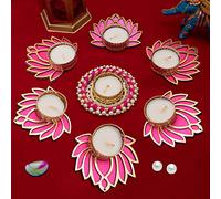 GIFT JAIPUR Handmade 7 Pc Pink Lotus Chudi Diya Rangoli Candles with Wax for Diwali Ganesh Chaturthi Laxmi Pooja Home Temple Rangoli Diya Floor Decoration
