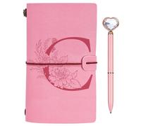 Gift Leather Journal Initial Travel Diary Pink Refillable Leather Notebook with Diamond Pen Heart Birthday Thanksgiving Christmas Gift Ideas for Women Girls Friend Writers C