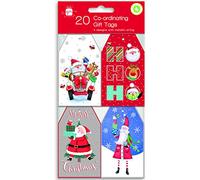 Gift Maker Pack of 20 Co-Ordinating Santa & Friends Christmas Gift Tags with Metallic String, Multicoloured, 90 x 55mm