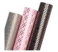 Gift Paper Wrapping 3 Rolls Rose Gold Pink Birthday Wrapping Paper Mini Roll, Grey Black Geometry Pattern With Foil For Valentines
