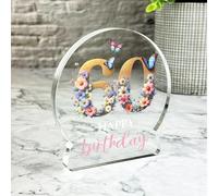 Gift, Plaque, 60th Gift For Birthday Floral Lettering Keepsake Snowglobe Ornament Plaque, Decor Trinket Gift, Acrylic Plaque Ornament Keepsake Gift, Custom Sentimental Gift