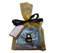 Gift Set - Metallic Bee Coin & ID Purse with Tassel Keyring | Embroidered Bee Design | Compact Zipped Purse with ID Window | Ribbon Tied with Blank Kraft Tag | Gift for Her (Blue)