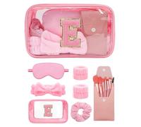 Gift Sets for Women, Initial Makeup Bag with Makeup Brush Set Bachelorette Party Favors, Pink Spa Kit with Skincare Headbands Wrist Bands Sleepover Party Supplies Gifts for Teen Girls Bridesmaid E