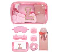 Gift Sets for Women, Initial Makeup Bag with Makeup Brush Set Bachelorette Party Favors, Pink Spa Kit with Skincare Headbands Wrist Bands Sleepover Party Supplies Gifts for Teen Girls Bridesmaid L