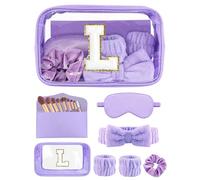 Gift Sets for Women, Initial Makeup Bag with Makeup Brush Set Bachelorette Party Favors, Purple Spa Kit with Skincare Headbands Wrist Bands Sleepover Party Supplies Gifts for Teen Girls Bridesmaid L