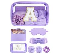 Gift Sets for Women, Initial Makeup Bag with Makeup Brush Set Bachelorette Party Favors, Purple Spa Kit with Skincare Headbands Wrist Bands Sleepover Party Supplies Gifts for Teen Girls Bridesmaid A