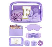 Gift Sets for Women, Initial Makeup Bag with Makeup Brush Set Bachelorette Party Favors, Purple Spa Kit with Skincare Headbands Wrist Bands Sleepover Party Supplies Gifts for Teen Girls Bridesmaid F