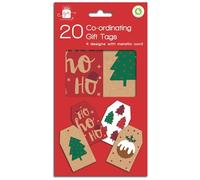 Gift Tags Christmas Kraft Brown & Red Xmas Pudding Trees Eco Friendly Pack 20 Co-Ordinating Foiled