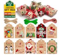 Gift Tags for Christmas 140 Pack with Twine String to Hang, Kraft Paper Tags 350 GSM for Gifts in Christmas Decorations & Name Labels with Holes Brown, Red, White & Green.