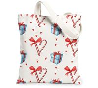 Gift Themed Canvas Tote Bags, Cute Holiday Present Pattern Reusable Shopping Bags, Festive Decorative Lightweight Washable Canvas for Daily Use Shopping Travel 13x15 Inch