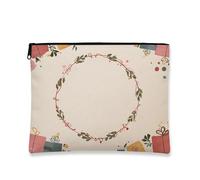 Gift-Themed Makeup Bag, Floral Christmas Cosmetic Travel Pouch for Women, Portable Small Canvas Zipper Organizer, Holiday Skincare Toiletry Bag, Beige, 7x9 Inch, Gift