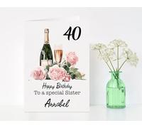 Gift Wrap 4 U Personalised Champagne and Roses Birthday Greeting Card | Custom Name Card | Sister | Auntie | Nanny | Friend | Floral Birthday Card | 150mm x 210mm.