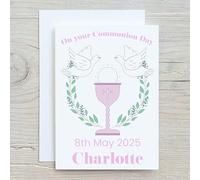 Gift Wrap 4 U Personalised Holy Communion Card | Pink Religious Design | Custom Name & Date | Premium Linen Cardstock | 150mm x 210mm