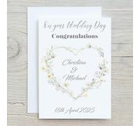 Gift Wrap 4 U Personalised Wedding Card - Custom Names & Date - Wildflowers Heart Design - A5 150mm x 210mm - Congratulations on Your Wedding Day