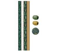 Gift Wrap Pack 4 x 2 Metre Rolls, 2 Metre Raffia, 8 Tags Present Christmas Wrapping Paper Set - Xmas Festive Holiday Green Gold White Mistletoe Christmas Tree