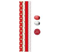 Gift Wrap Pack 4 x 2 Metre Rolls, 2 Metre Raffia, 8 Tags Present Christmas Wrapping Paper Set - Xmas Festive Holiday Red White Snowflake Gingerbread Candy Cane