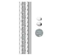 Gift Wrap Pack 4 x 2 Metre Rolls, 2 Metre Raffia, 8 Tags Present Christmas Wrapping Paper Set - Xmas Festive Holiday Silver White Snowflake Christmas Tree Holly