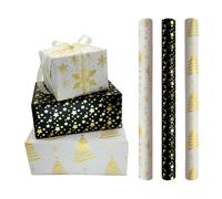 Gift Wrapping Paper Roll for Christmas: 3 Designs 43cm x 3M Wrapping Paper Printed with Gold Powder Black Paper with Metallic Star for Gift Wrapping