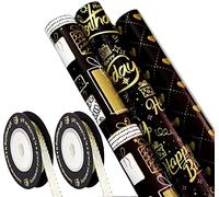 Gift Wrapping Paper Set 6 Sheets 3 Styles Happy Birthday Wrapping Paper Roll with 2 Rolls 5M Gold Silk Ribbon Black Gold Wrapping Paper Sheets 70 × 50cm