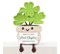 Giftasy Next Chapter Congratulations Gifts - Handmade Crochet Clover with Card “Here’s To Your Next Chapter” - Leaving or New Job, Graduation, Moving, Promotion Gift for Women Men, Cute Desk Decor