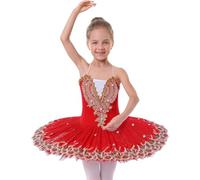 GiftGalore Girls ballet leotard with plate, professional tutu, hard organdy skirt, swan feather hem dance skirt lake sleeveless ballet leotard.(Non-luminous-Red,13-14 Years)