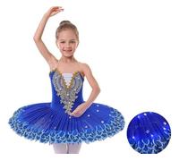 GiftGalore Girls ballet leotard with plate, professional tutu, hard organdy skirt, swan feather hem dance skirt lake sleeveless ballet leotard.(Blue,9-10 Years)