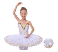 GiftGalore Girls ballet leotard with plate, professional tutu, hard organdy skirt, swan feather hem dance skirt lake sleeveless ballet leotard.(White,5-6 Years)