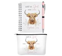 GiftGem 3Pcs Highland Cow Gifts for Women - Adorable A6 Spiral Notebook & Pen Set with Cosmetic Bag, Ideal Highland Cow Lover Gift