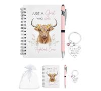 GiftGem 4Pcs Highland Cow Gifts for Women - Adorable A6 Spiral Notebook & Pen Set with Cute Keychain, Perfect Highland Cow Lover Gift