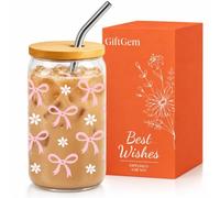 GiftGem Gifts for Women Bow Soda Can Glass with Bamboo Lid Straw, Reusable Cup for Iced Coffee Juice Smoothies Cocktails, Cute Drinkware Present for Her