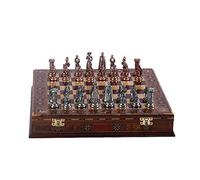 GiftHome Medieval British Army Antique Copper Metal Chess Set for Adult, Handmade Pieces and Natural Solid Wooden Chess Board with Pearl Design Around Board and Storage Inside King 2,75 inc
