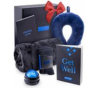 GIFTIER Get Well Soon Gift Basket - Care Package for Men w/Memory Foam Pillow, Massage Roller, Plush Blanket, Socks, Puzzle Book, Greeting Card - Curated Get Well Gift Basket for Men After Surgery