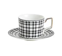 Giftik 260ml Houndstooth Ceramic Coffee Cup and Saucer Set Luxury Gold Handle Tea Cup for Home Office (Black)