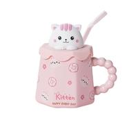 Giftik Cute Animal Ceramic Mug with Lid and Straw, Kawaii Coffee Tea Cup with Gift Box Home Office Water Cup (Cat)
