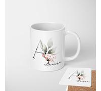GIFTIMIZED Botanical Blush Monogram Letter Initial Personalised Name Custom Mug Coffee Tea Cup Gift with Coaster Option | Large Handle | Spacious 11oz | Dishwasher Safe | Made in UK |