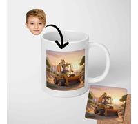 GIFTIMIZED Kids Digger Mug Upload Your Face Funny Custom Photo Construction Truck Coffee Cup Ceramic Mug Magic Heat Changing Optional Matching Coaster