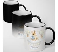 GIFTIMIZED Personalised Bunny Hot Air Balloon Heat Change Magic Mug Custom Name Colour Cute Cuddly Rabbit Cloud Colour Changing Coffee Cup Nursery Keepsake Baby Shower Present Gift UK