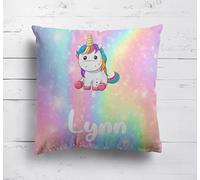 GIFTIMIZED Personalised Custom Name Multi Colour Rainbow Unicorn Kids Cushion Throw Pillow Cover With Filling Option | Machine Washable | Super Soft | Made in UK | Multiple Sizes