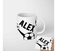 GIFTIMIZED Personalised Football Stripe Mug & Coaster, Custom Name r Cup Set, Soccer Fan Gift, Sports Coffee Mug, Boys Gift, Football Lover Drinkware