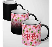 GIFTIMIZED Strawberry Flower Name Mug Heat Sensitive Colour Changing Mug Magic Reveal Cute Fruit Floral Coffee Cup Personalised Kids Name Novelty Heat Change Magic Mug Gift