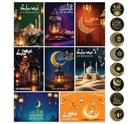 Giftinghouse Eid Cards Pack of 16 with Envelopes & Stickers - Eid Mubarak Greeting Cards Multipack - 8 Traditional Moonlight Designs - Perfect for Kids & Family - Made in the UK