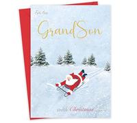 Giftinghouse Grandson Christmas Card for Boys - Fun Sledging & Snowman Xmas Design - 22 x 15.5 cm - Eco-Friendly Christmas Card Grandson - Inside Message - Made in the UK