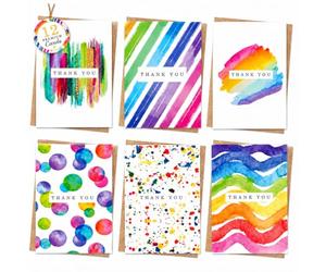 Giftinghouse Thank you Cards Multipack of 12/24/48 with Envelopes. 6 Watercolour designs. 10 x 15cm. Blank Inside for Teachers, Weddings, Kids. Made in the UK.