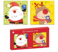 Giftmaker Boxed Christmas Cards Pack - 20 Recyclable School Xmas Cards - 2 Santa & Reindeer Cartoon Designs - 95mm Square Kids Christmas Cards Multipack
