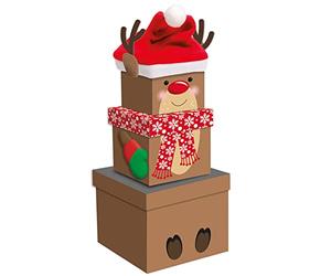 GIFTMAKER Christmas Small 3 Piece Stacking Nested Gift Box Set Reindeer Design
