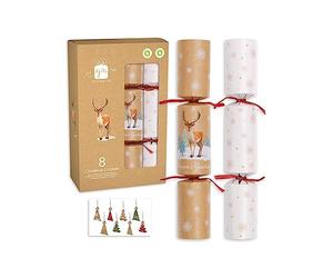 Giftmaker Pack 8 White & Kraft Brown Stag Design Traditional Family Eco Christmas Crackers