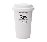Giftme All I Need Today is A Little Bit of Coffee and Whole Lot of Jesus Slogan White Ceramic Travel Mug with White Lid.
